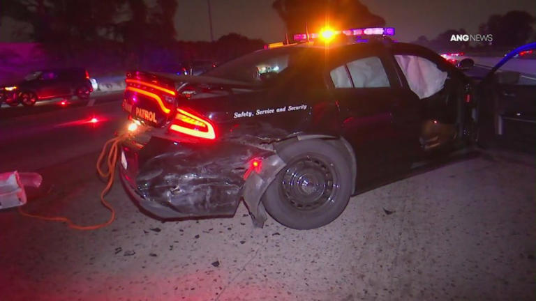 Motorist rear ends California Highway Patrol squad car on 10 Freeway in ...