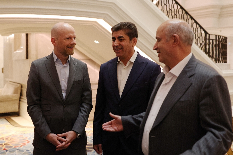 Soccer Football - Iran Football Association president Mehdi Taj meets FIFA secretary general Mattias Grafstrom - Istanbul, Turkey - May 16, 2026 Iranian FA President Mehdi Taj and Secretary General Hedayat Mombeni with FIFA Secretary General Mattias Grafstrom. REUTERS/Murad Sezer