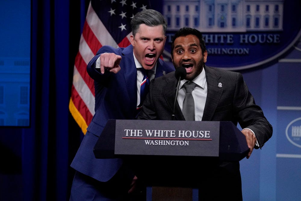 Colin Jost as Pete Hegseth and Aziz Ansari as Kash Patel during the “Saturday Night Live” cold open on Saturday, May 2, 2026