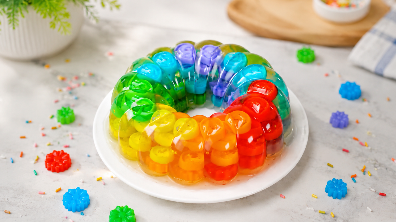 Regenboog-jellyringdessert met gummyvormen