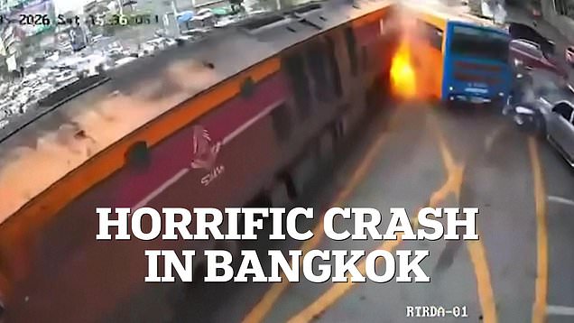 Horrific moment a train crashes into a public bus in Bangkok