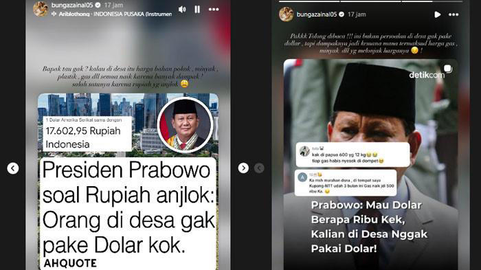 PRABOWO SOAL RUPIAH ANJLOK: Postingan Bunga Zainal soal pernyataan Prabowo terkait rupiah anjlok. (Instagram)