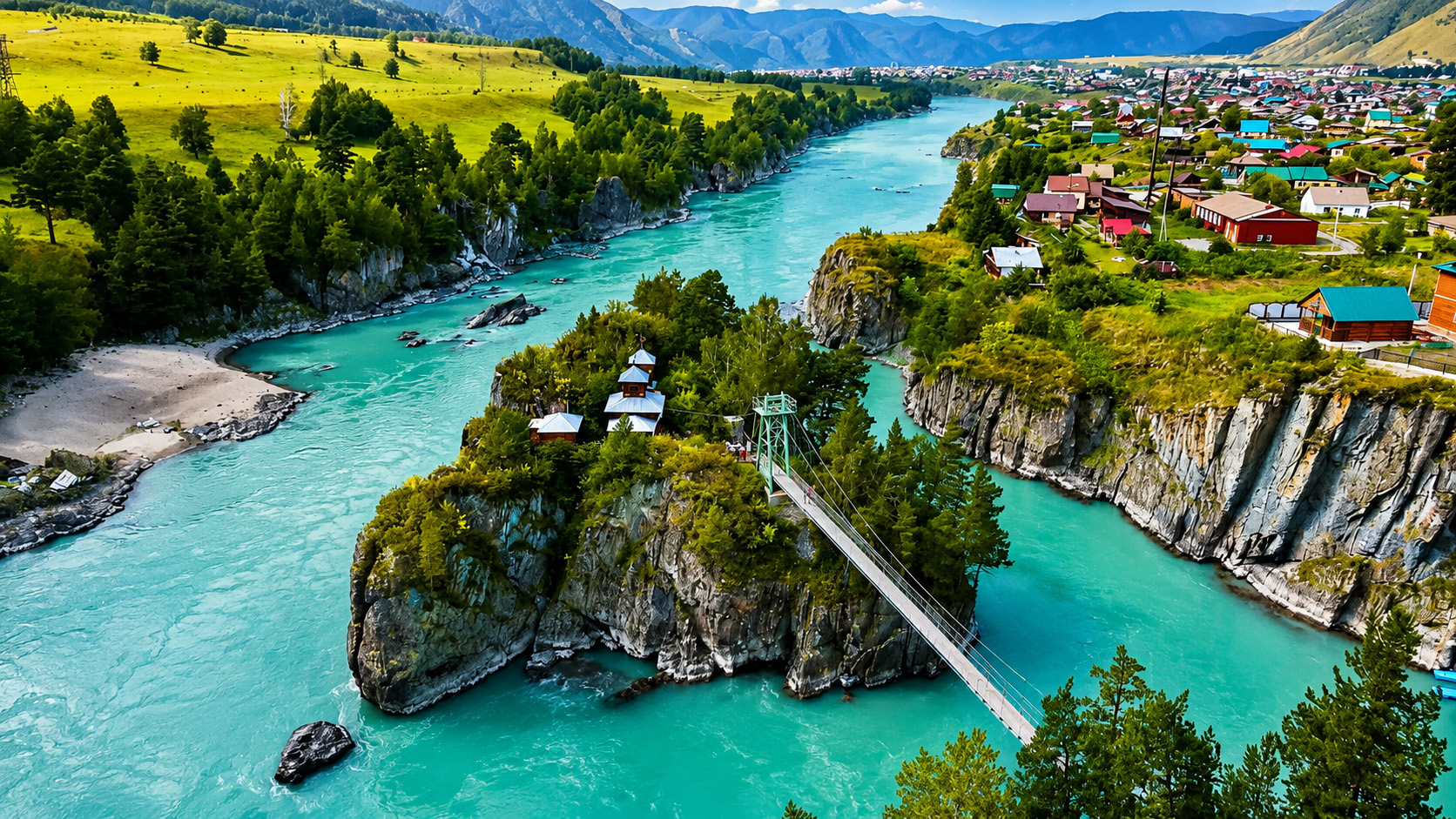 A turquoise river winding through rocky island landscapes