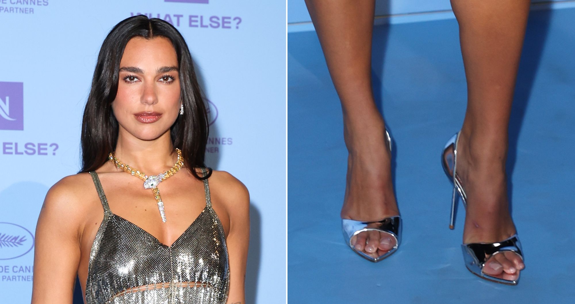 Dua Lipa goes mirror monochrome in silver Le Silla sandals in Cannes