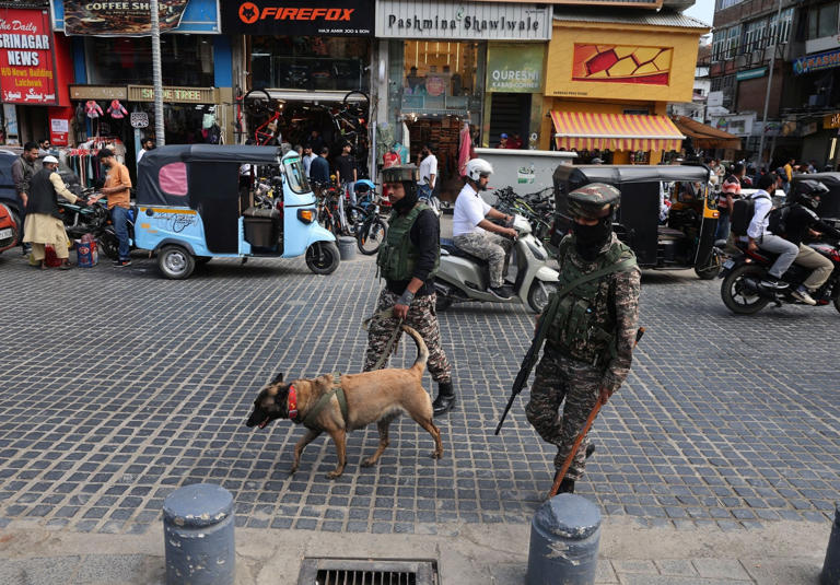 Paramilitary soldiers patrol a street in Srinagar, Indian-run Kashmir, on May 7. Photo: EPA