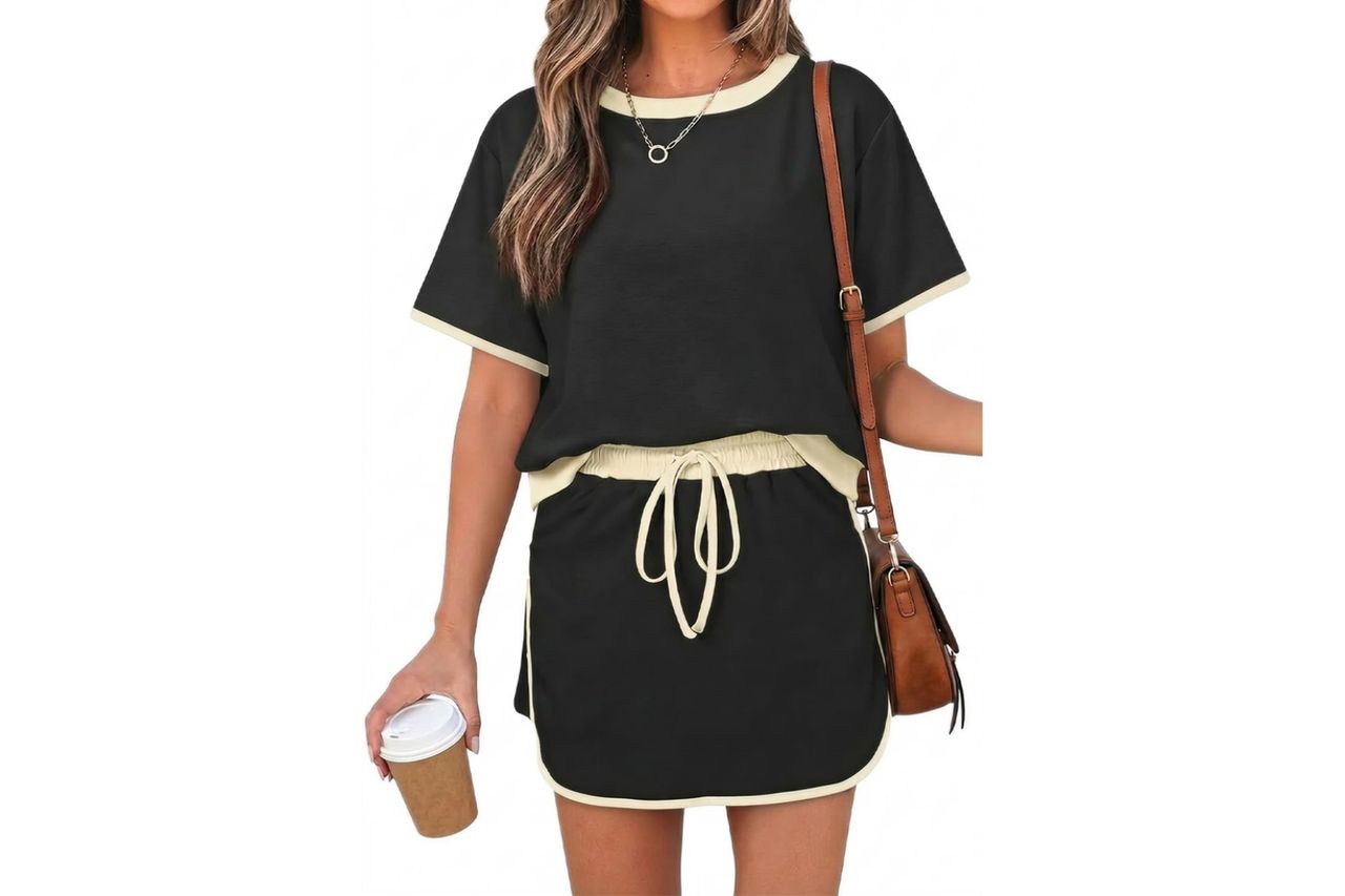 Opemiby Womens 2 Piece Skort Set 2026 Color Block Short Sleeve Top Drawstring Skort Matching Sets Casual Lounge Summer Outfit