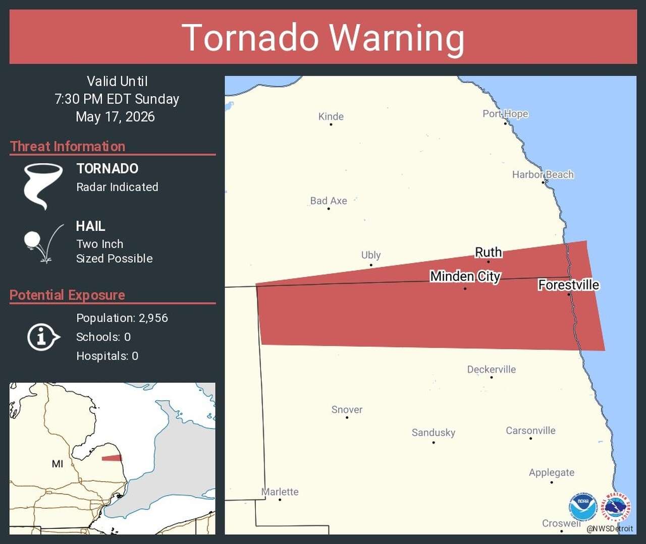 Expired: Tornado warning issued for Huron County, Sanilac County