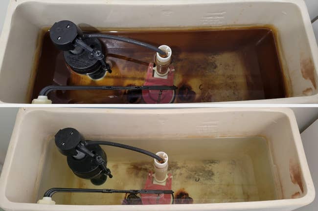 Before and after cleaning a toilet tank: the top image shows a dirty tank with rust stains and sediment; the bottom image shows a clean tank with no rust or sediment