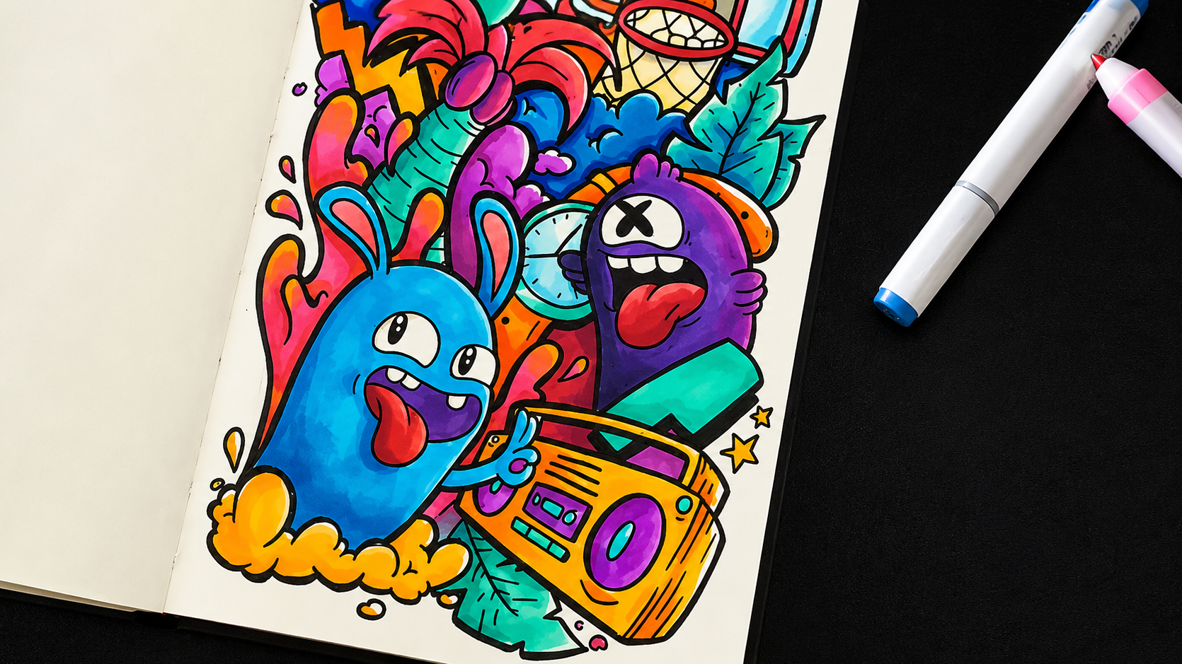 Creative sketchbook doodle art with bold cartoon style