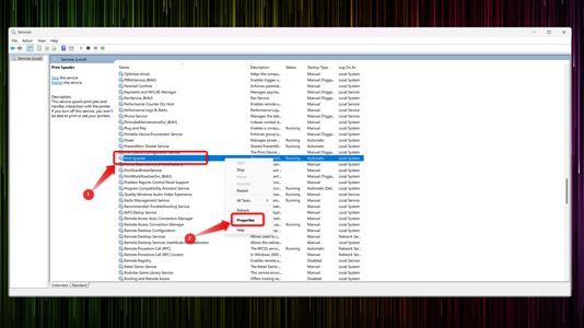 Disabling the Printer Spooler service in the Windows Services window. 