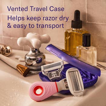 Razor with a vented travel case on a bathroom sink, next to soaps and toiletries. Text highlights its portability and protective features