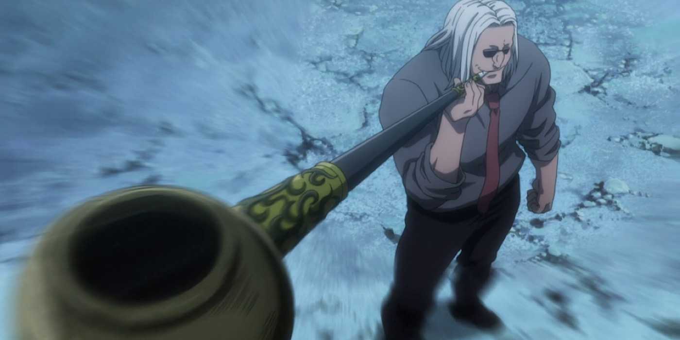 Morel Mackernasey holds a giant pipe in Hunter X Hunter