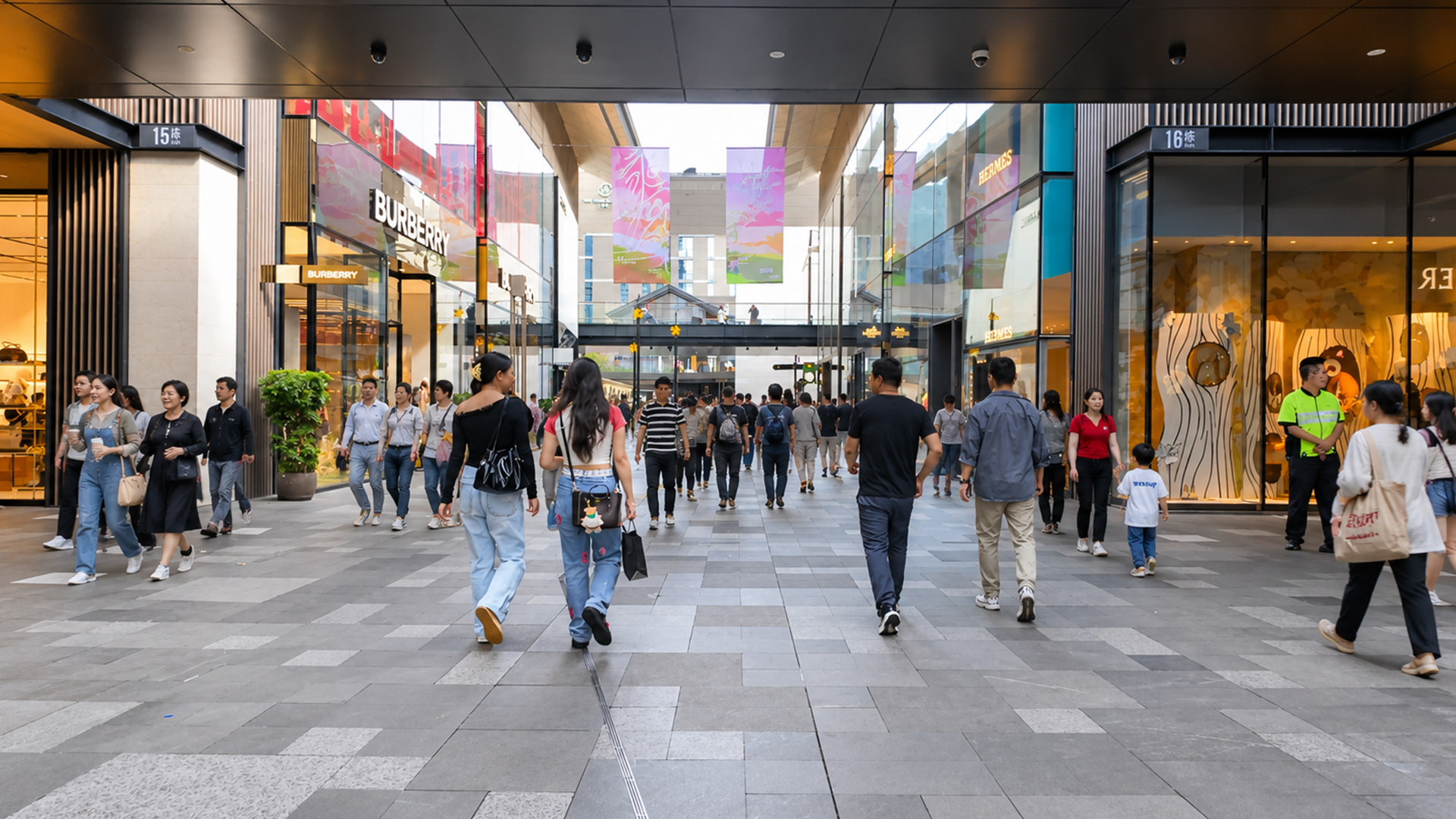 Modern storefronts and busy walkways define this commercial district