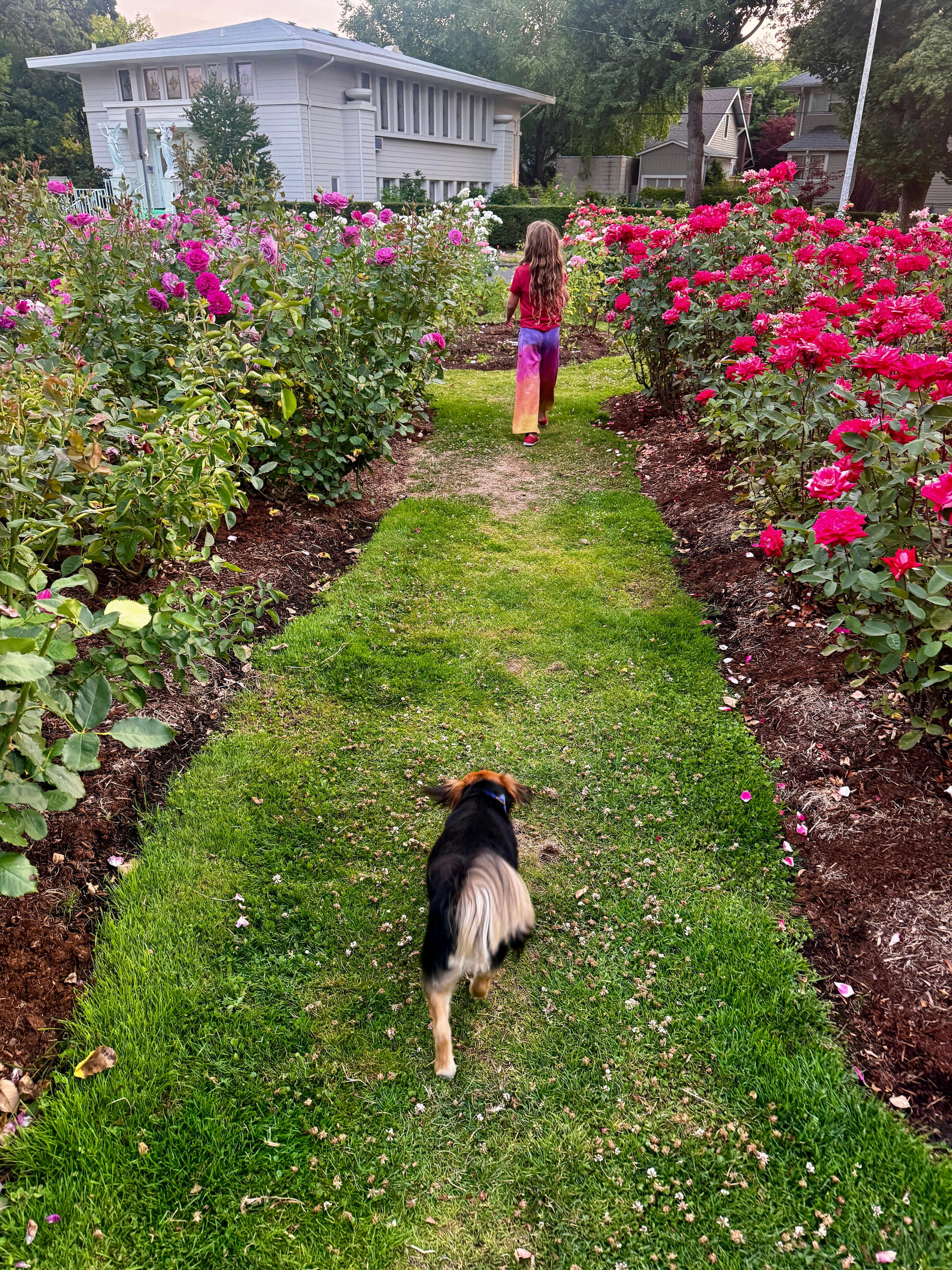 child running in grass with flowers next to her, dog behind her