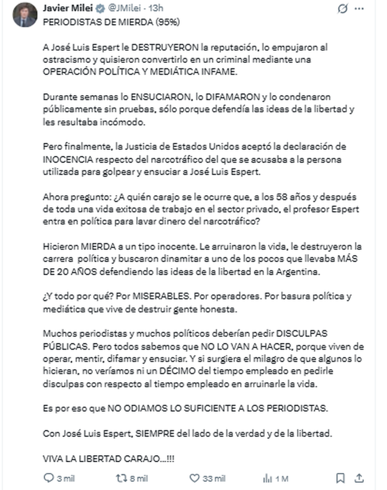 Milei salió a defender a Espert y apuntó contra los periodistas y ...