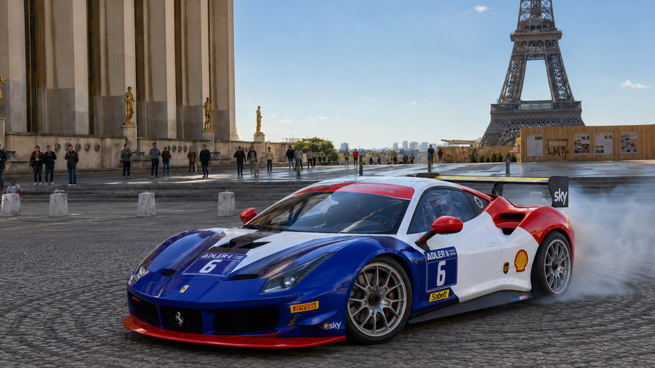 Ferrari race car drifts through Paris near the Eiffel Tower