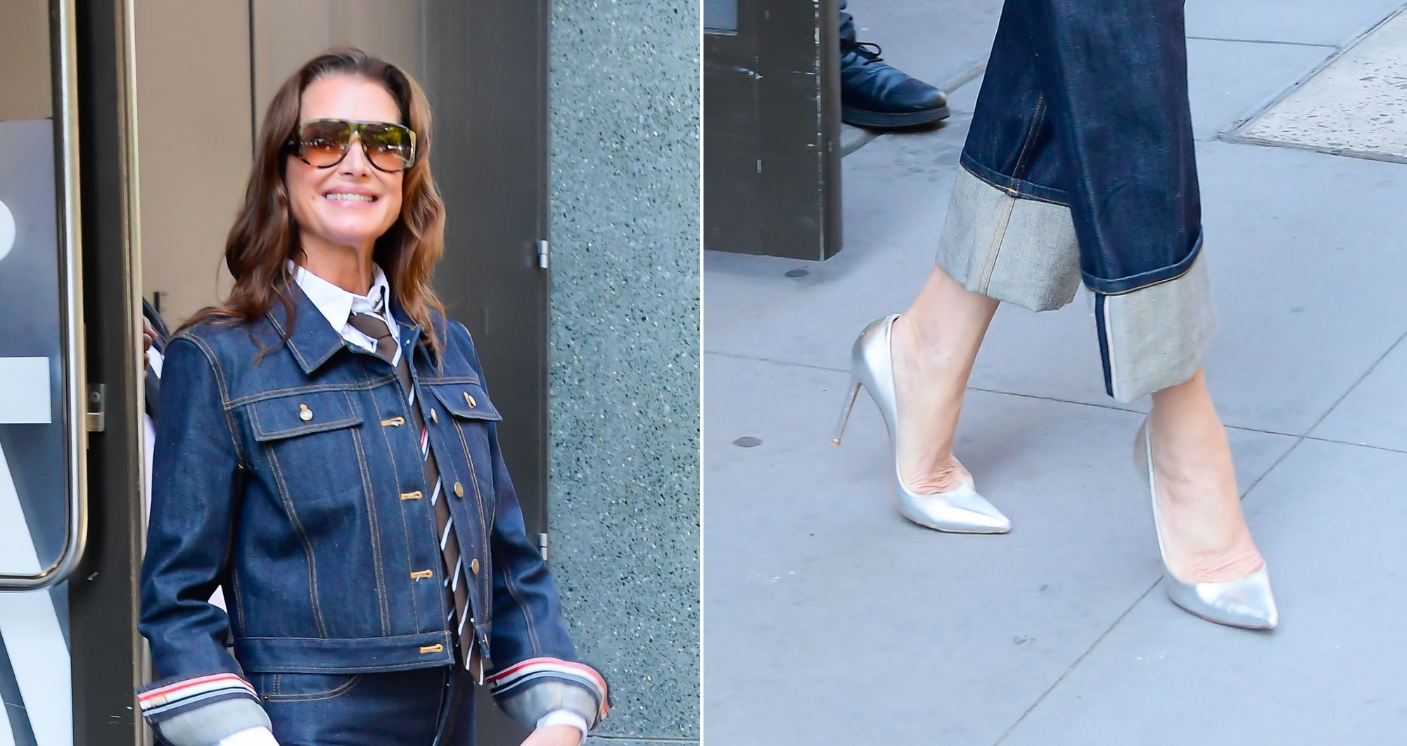 Brooke Shields keeps metallic pumps in her daytime menswear rotation