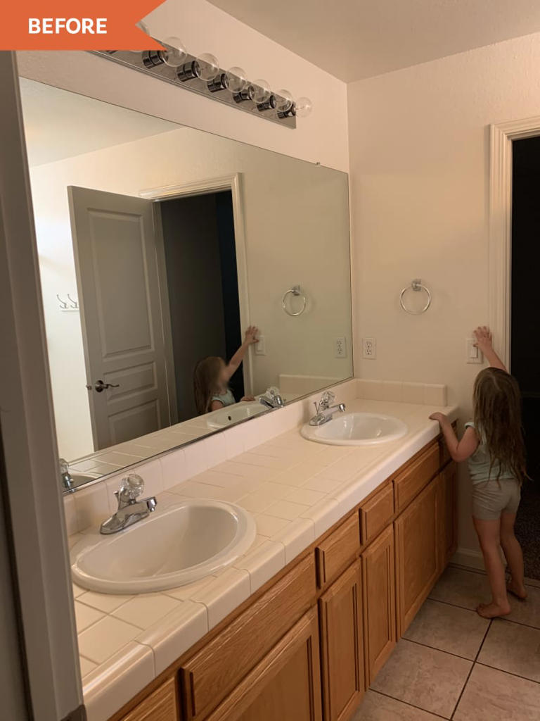 A DIY tile accent wall made this old bathroom feel custom