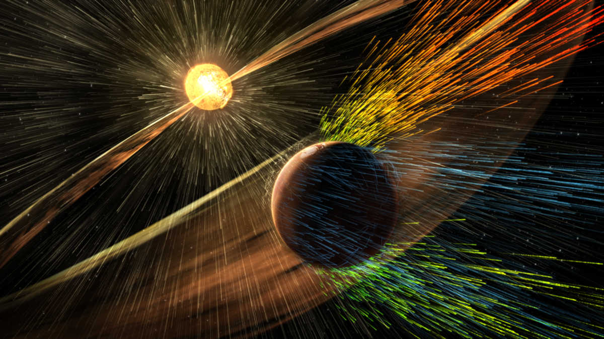 Artist’s rendering of a solar storm hitting Mars and stripping ions from the planet’s upper atmosphere. (Representative Image Source: NASA/GSFC)