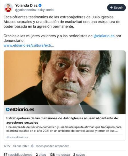 Julio Iglesias llevará a Yolanda Díaz al Supremo por “injurias y calumnias”