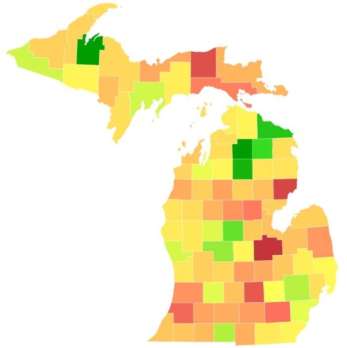 How have property tax rates changed in each Michigan county since 2015?