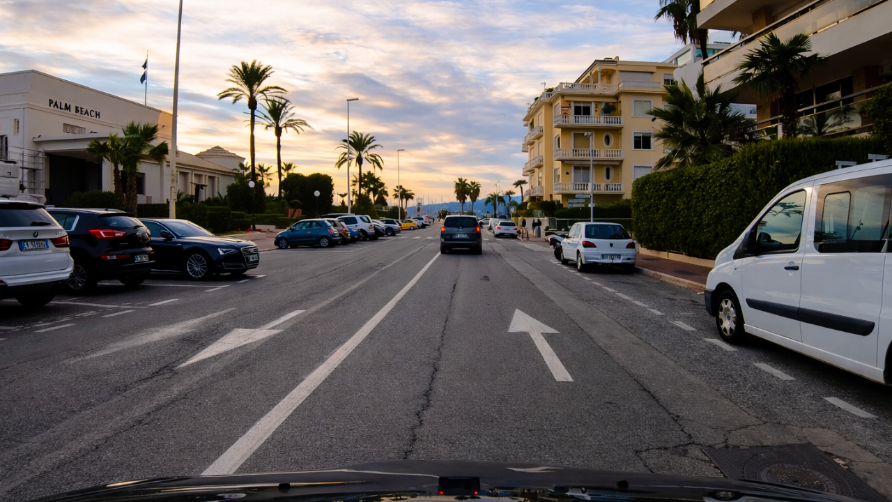 Route panoramique au coucher du soleil de Cannes à Antibes (4K)