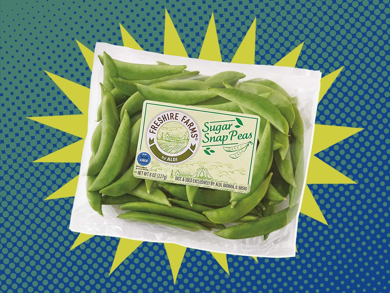 Freshire Farms Sugar Snap Peas from Aldi on a blue and green background