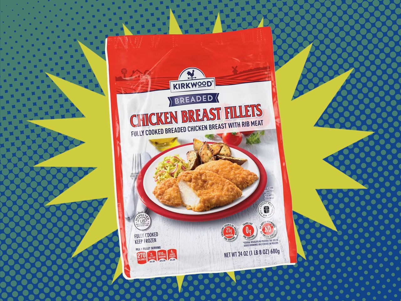 Kirkwood Breaded Chicken Breast Fillets from Aldi on a blue and green background
