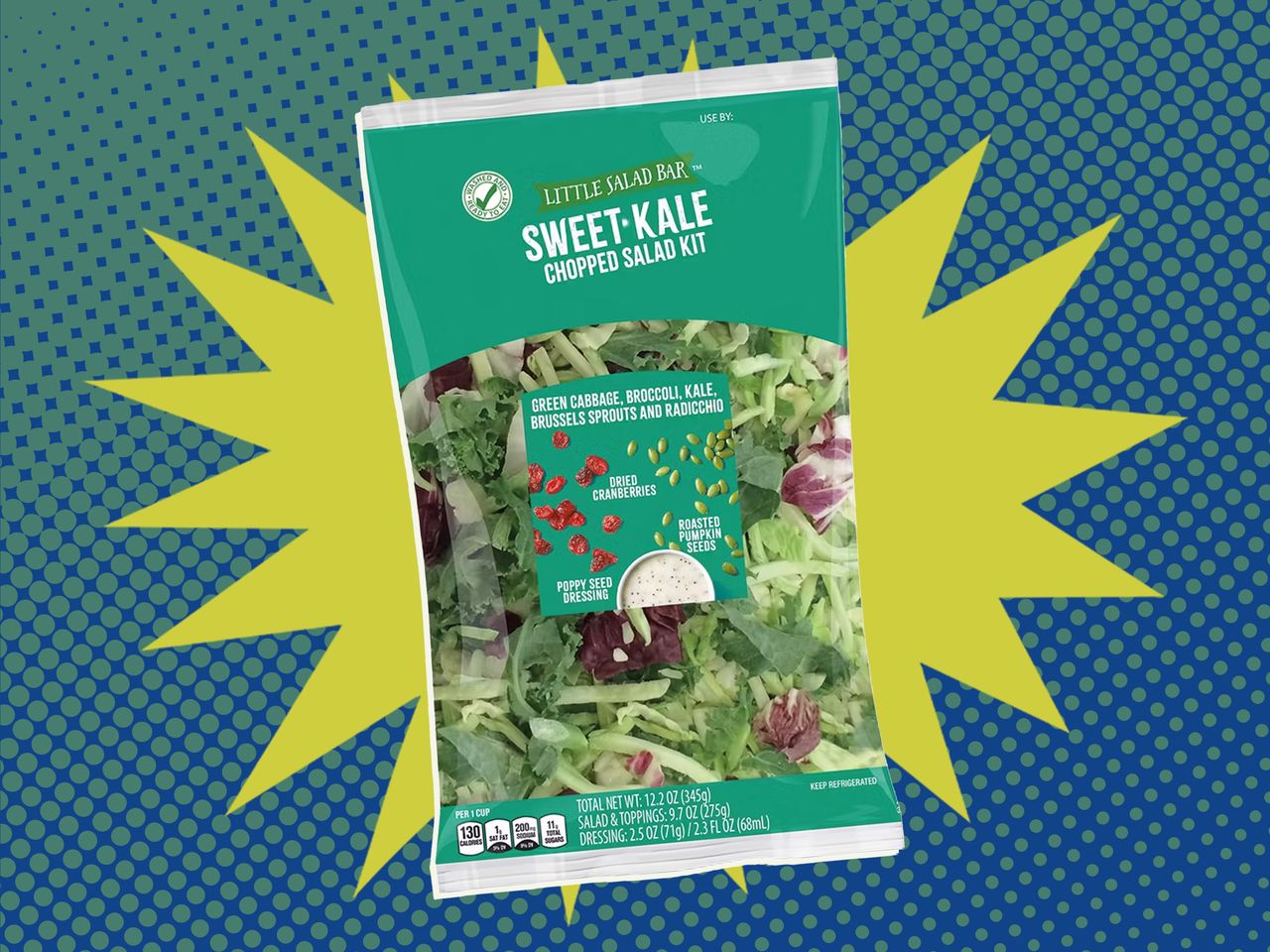 Little Salad Bar Sweet Kale Chopped Salad Kit from Aldi on a blue and green background
