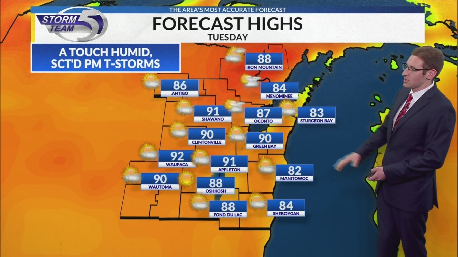 Near record highs tomorrow, late day storms possible