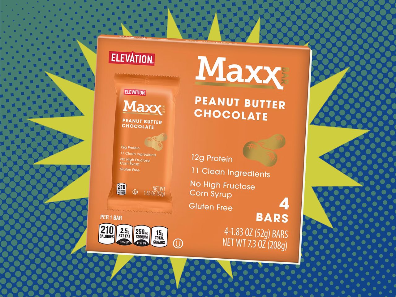 Elevation Maxx Peanut Butter Chocolate Protein Bars from Aldi on a blue and green background
