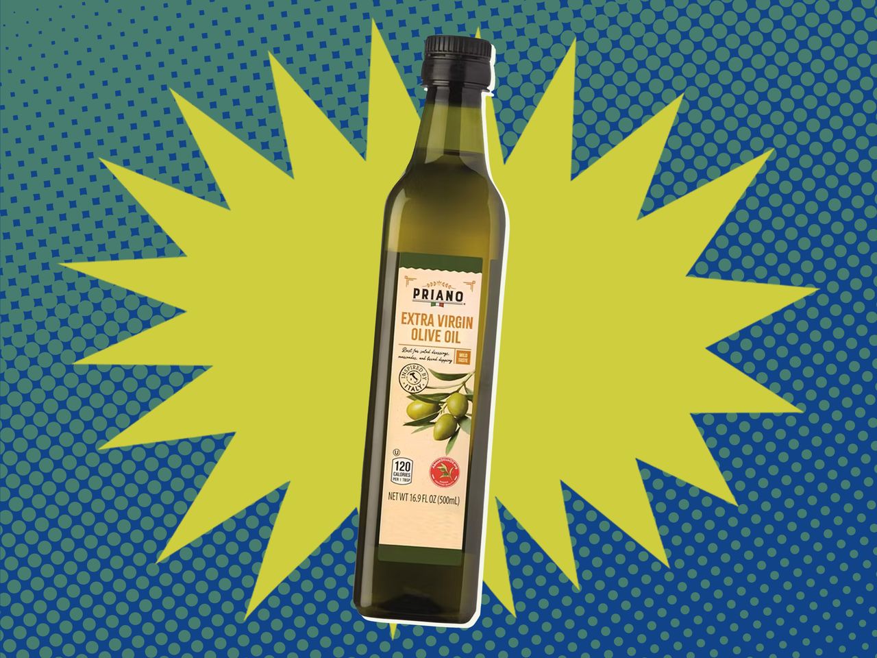Priano Extra Virgin Olive Oil from Aldi on a blue and green background
