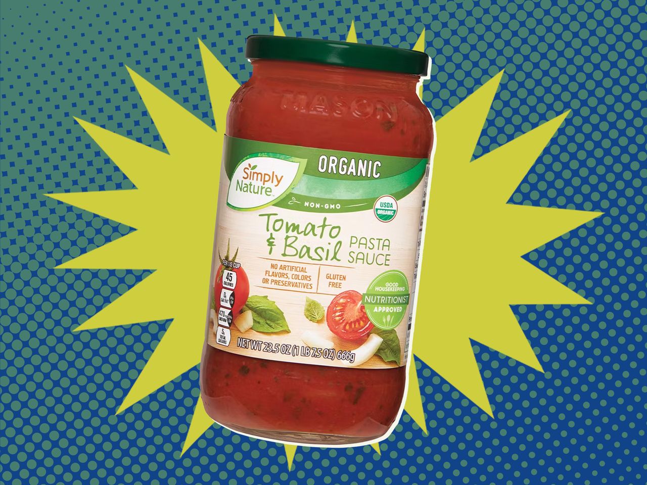 Simply Nature Organic Tomato & Basil Pasta Sauce from Aldi on a blue and green background
