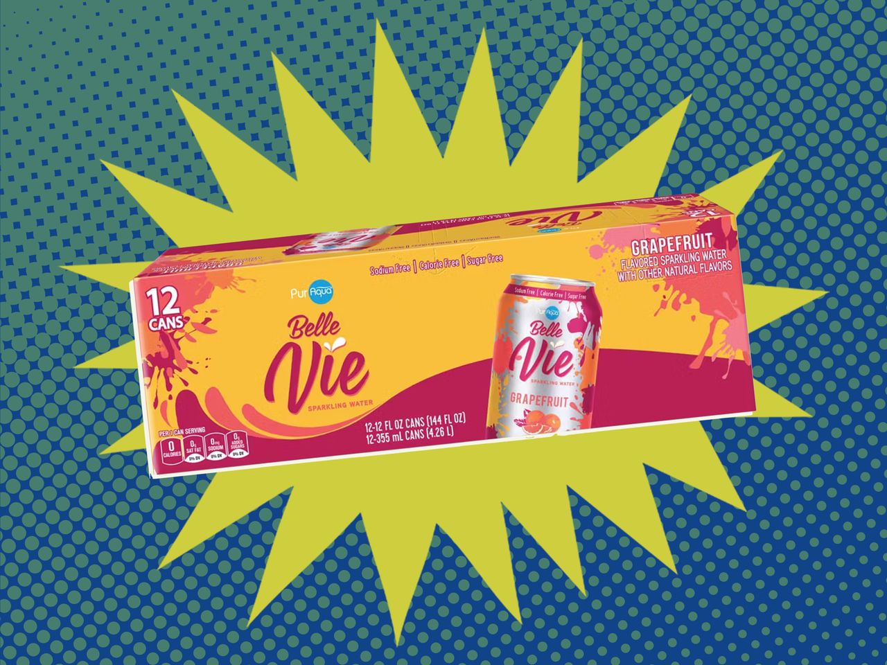Belle Vie Grapefruit Flavored Sparkling Water from Aldi on a blue and green background