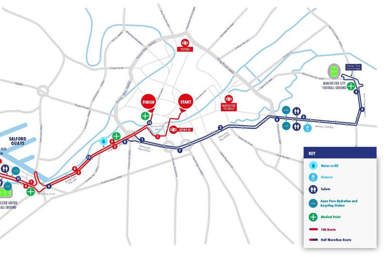 Great Manchester Run 2026 route map for 10k and half marathon