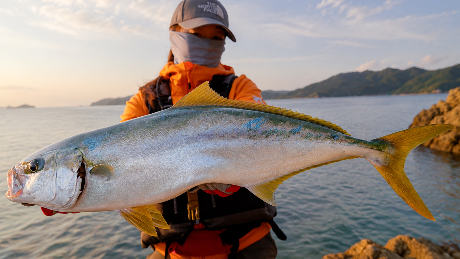 波立つ海で大きな魚を引き寄せた朝