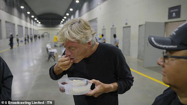 Elsewhere Madeley tired the food prisoners have by eating the beans with his hands, before the governor says: 'No, con la tortilla'