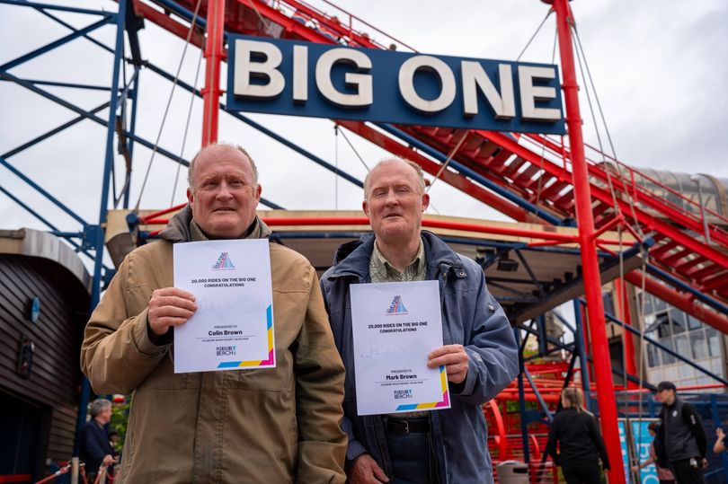 Twins claim British record by riding The Big One roller coaster 20,000 ...