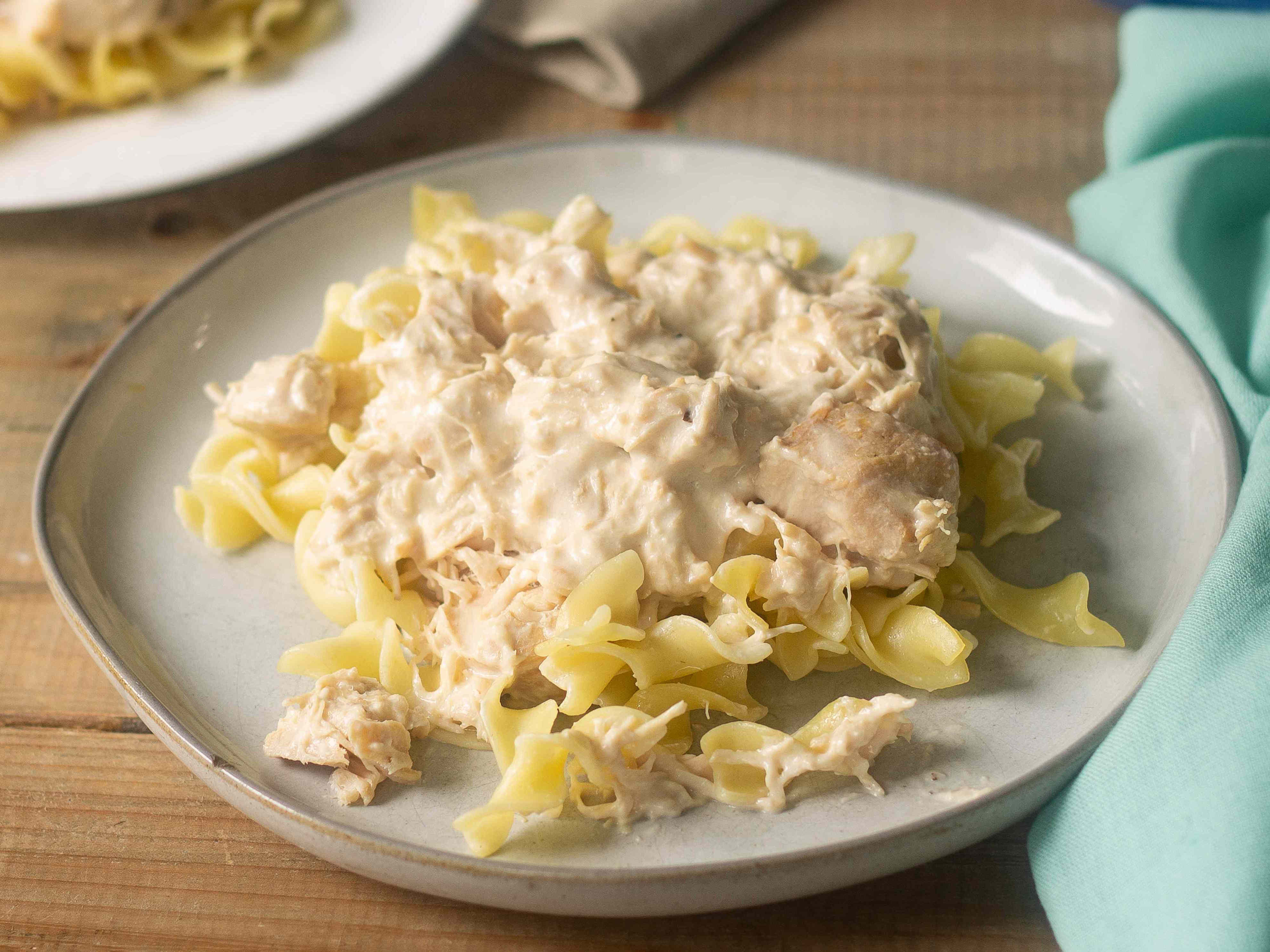 This slow cooker chicken dinner starts with a block of cream cheese