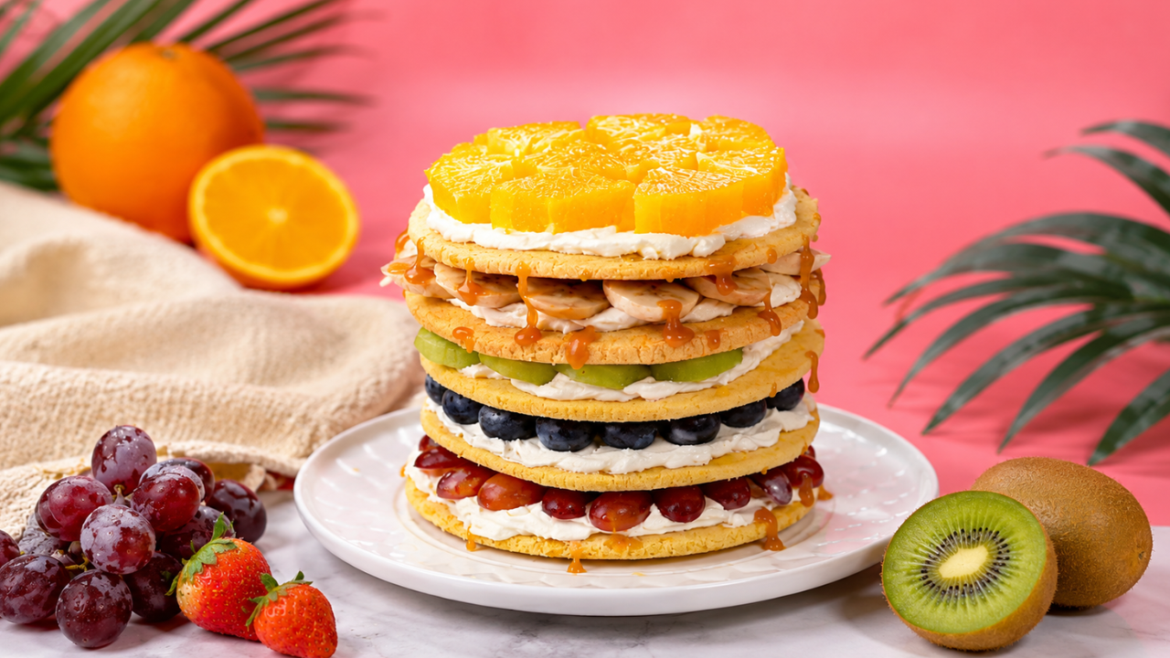 Colorful layered fruit cream cake delight