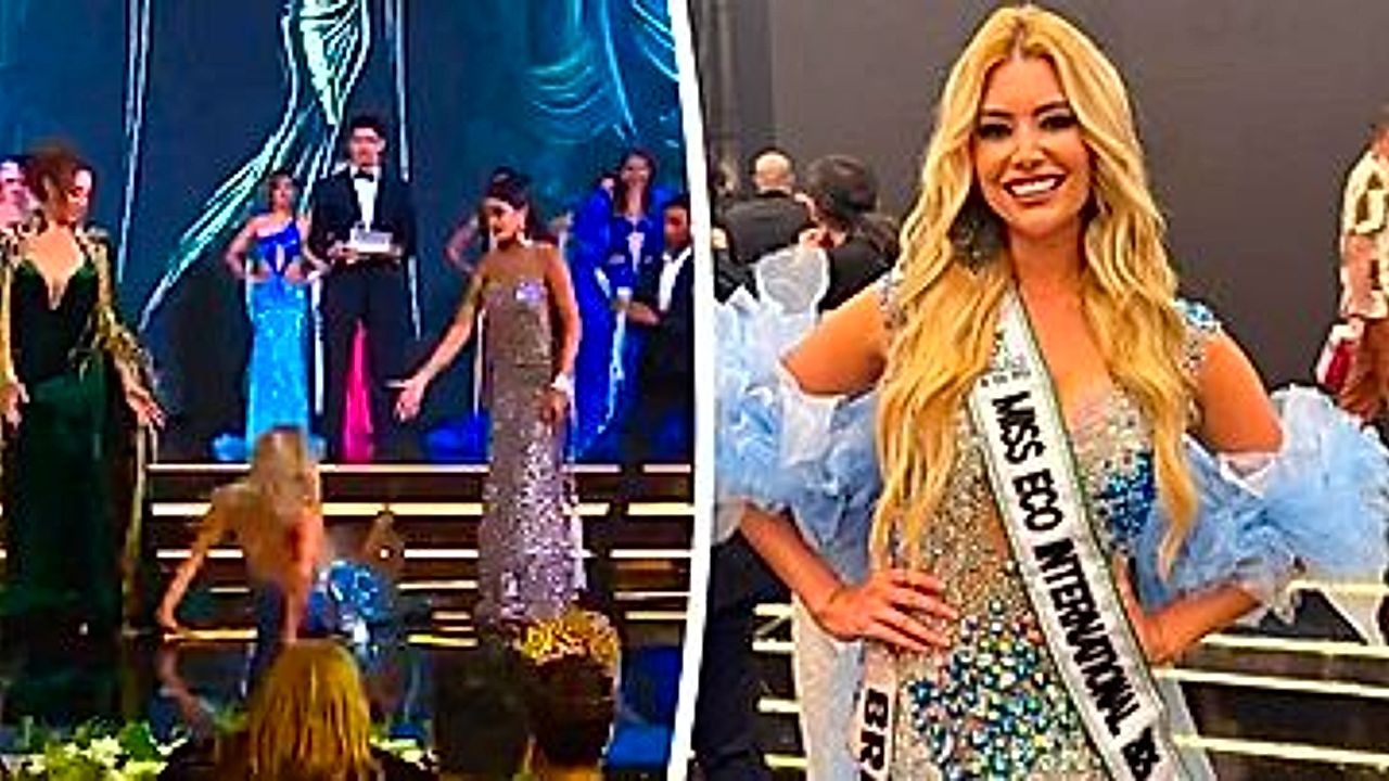Brazil's Miss Eco contestant takes a heavy fall on stage at pageant final