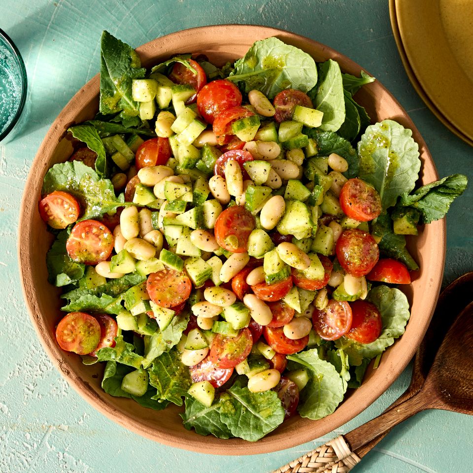 A recipe image of Tomato, Cucumber & White Bean Salad with Chive Vinaigrette.