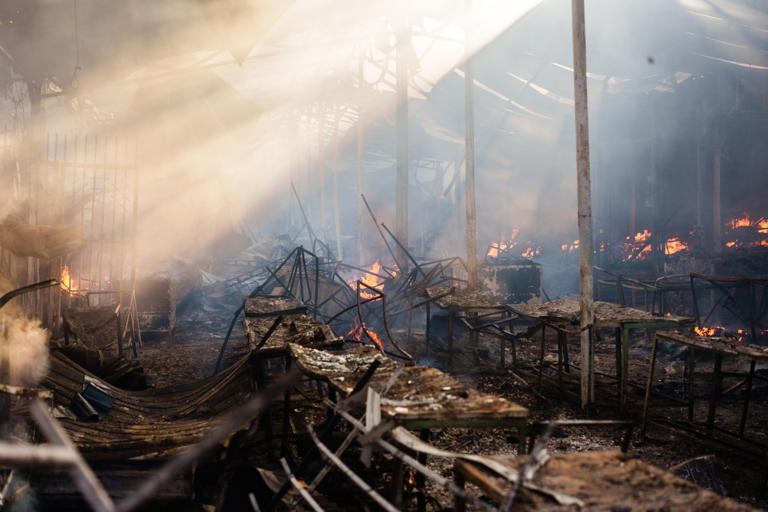 The ruins of a building after a missile attack on Kyiv.