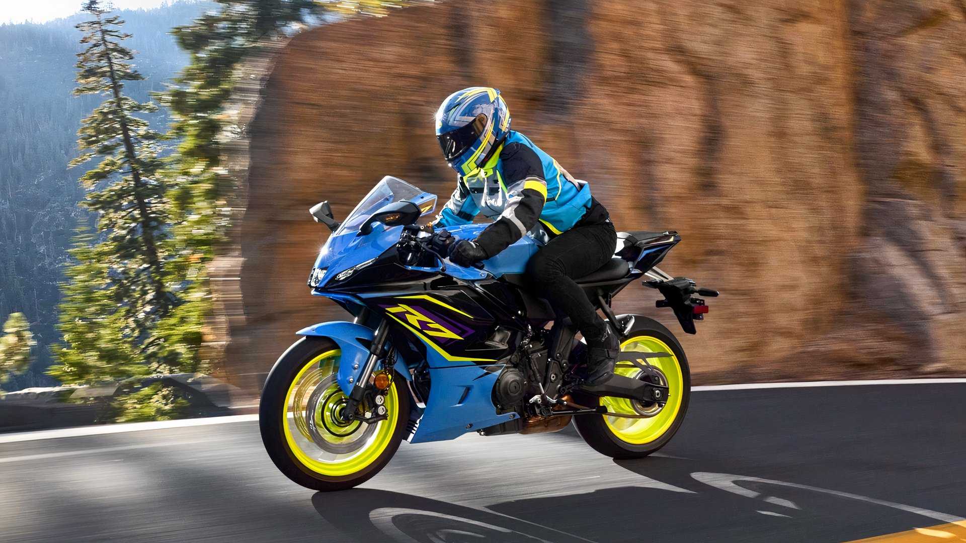 Bright Blue Yamaha YZF-R7 riding on twisty roads