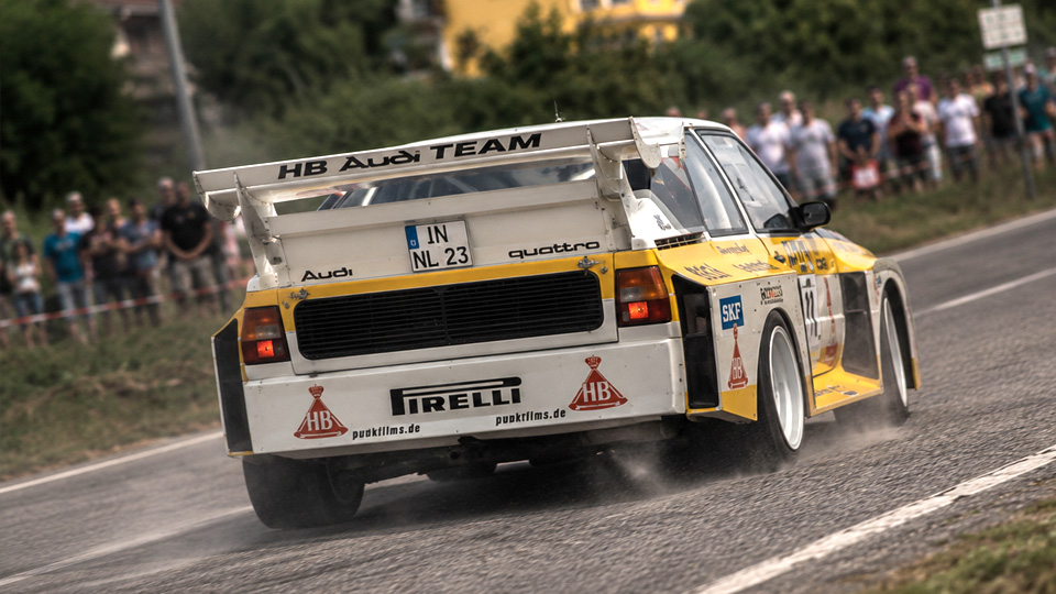 Audi Quattro S1 engine note full throttle rally action