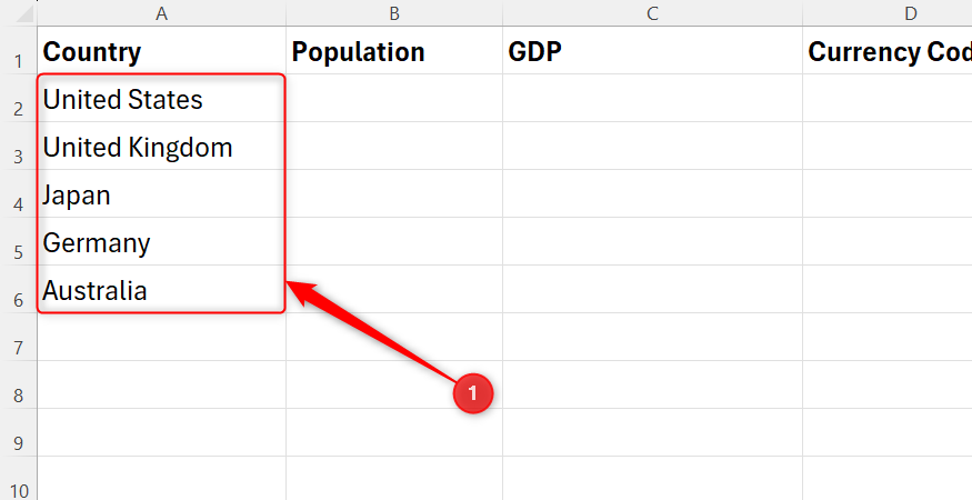 A list of country names is selected within an unformatted column of an Excel spreadsheet.