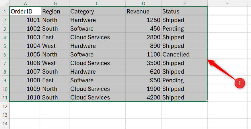 A raw dataset containing order records is selected in an Excel spreadsheet.