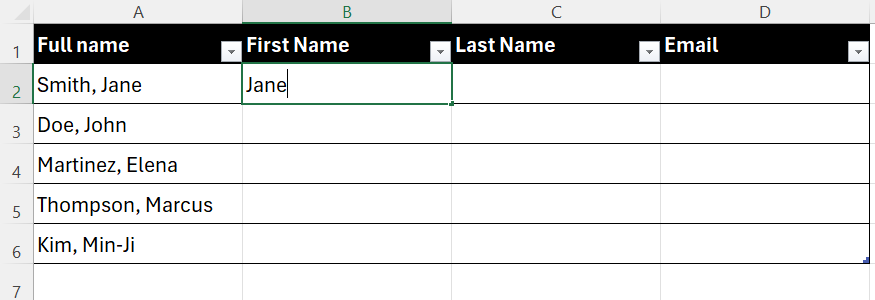 The first entry of a first name is manually typed into a column within an Excel data table.