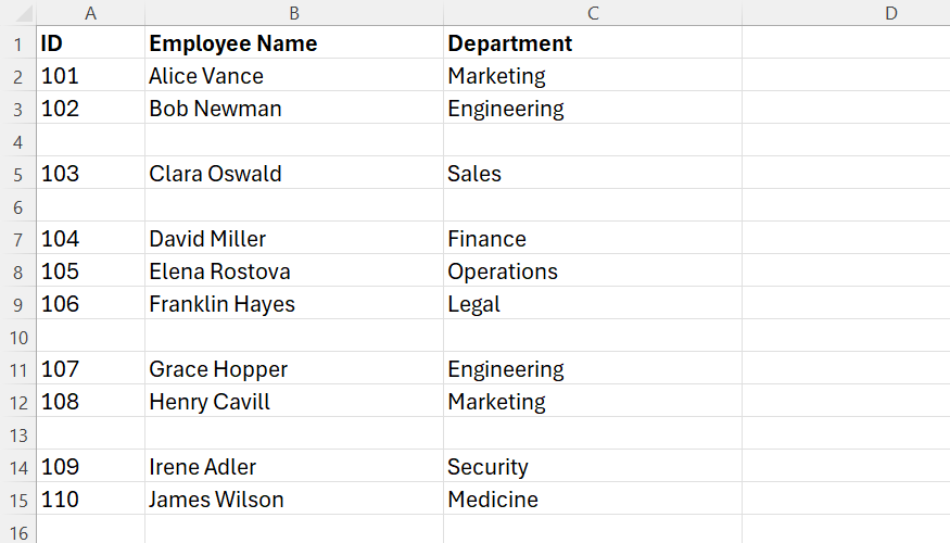 An unformatted Excel data table is shown containing several scattered empty rows.