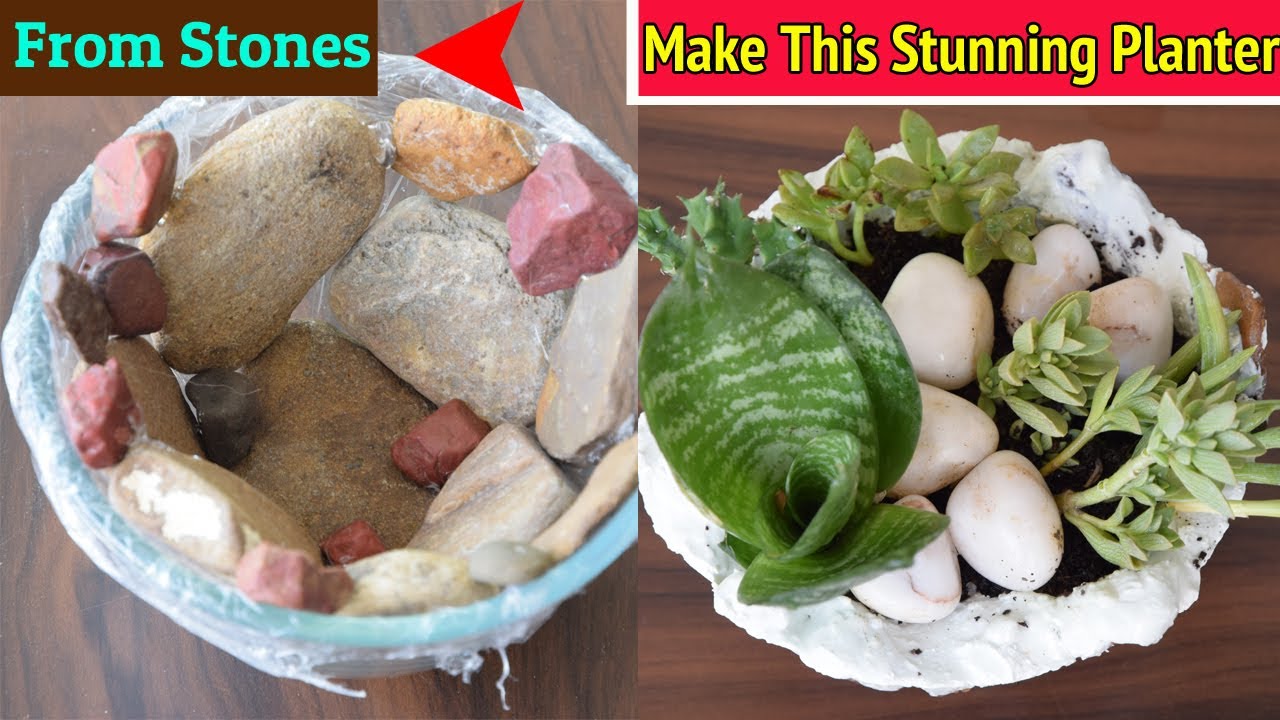 Gorgeous DIY planter made with stones and succulents